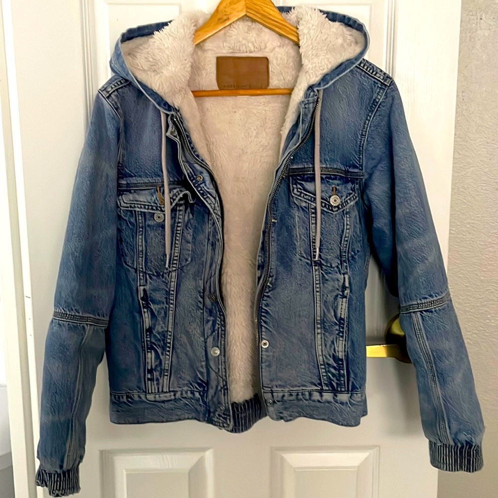 American Eagle Denim Jacket Fleece lined Drawstring Hood Sz Small Streetwear